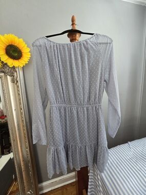 Divided Light Gray Swiss Dot Long Sleeve Tiered Dress
